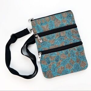 Australian Yijan Aboriginal Crossbody Bag 3 Zip Purse Festival Fabric Boho Blue